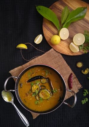 A picture of Tetor Dal (Bitter Gourd Yellow Mung Stew).