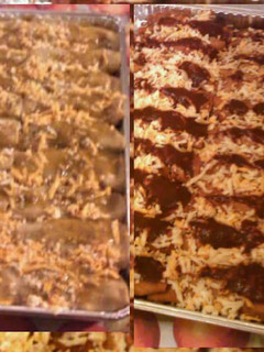 A picture of Chicken enchiladas with green chili sauce or red sauce.