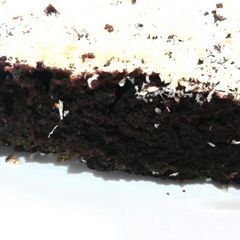 A picture of Chocolate cake with coconut flakes topping.