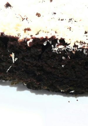 A picture of Chocolate cake with coconut flakes topping.