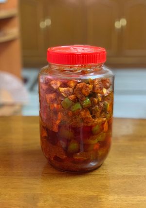 A picture of Raw mango pickle/ achar.