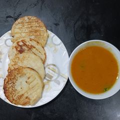 Farali cucumber Uttapam and Pumpkin Sambhar A picture of Farali cucumber Uttapam and Pumpkin Sambhar.