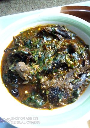 A picture of Chevon Okra and Uziza Soup.