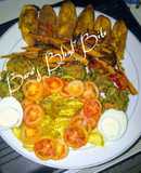 Indian green flour balls, grilled plantain curry rolled potatoes, glazed spicy carrots strips