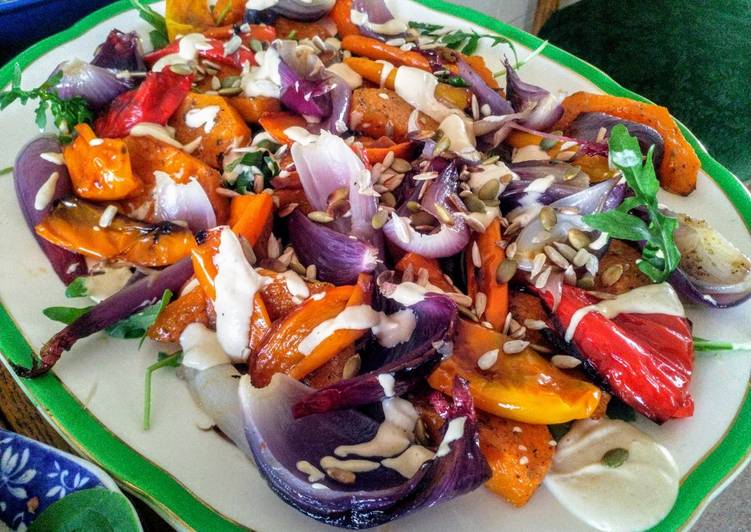 Autumn rainbow vegetable salad with tahini dressing