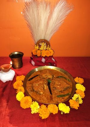 A picture of Durga puja special navmir bhog(Rui fish Kalia).