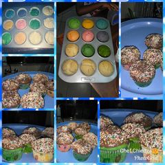 A picture of Coloured fluffy vanilla and chocolate cupcakes.
