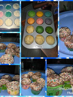 A picture of Coloured fluffy vanilla and chocolate cupcakes.