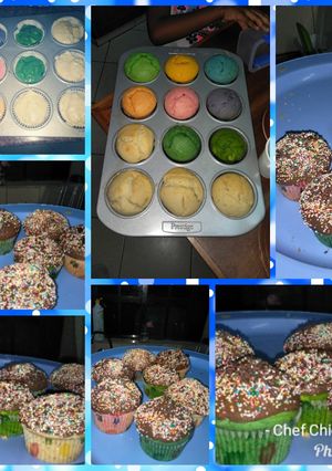 A picture of Coloured fluffy vanilla and chocolate cupcakes.