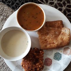 Dal vada, dosa with chutney and sambhar A picture of Dal vada, dosa with chutney and sambhar.
