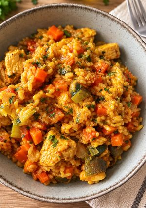 Una foto de Pollo al Curry con Arroz y Verduras