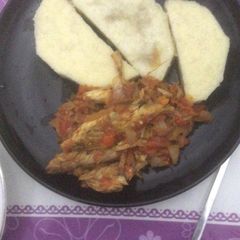 A picture of Boiled yam with local sauce.