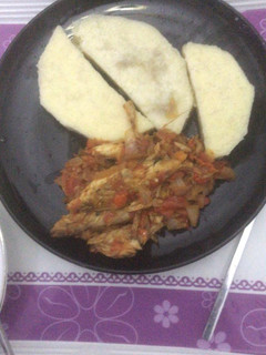 A picture of Boiled yam with local sauce.