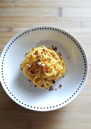 Foto di #435 Linguine con vellutata di zucca e granella di mandorle🎃