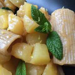 A picture of Paccheri con patate al vino bianco, con limone e menta fresca!.