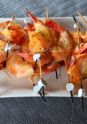 Une photo de Brochettes de gambas en chemise