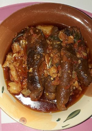A picture of Ponmo-Dryfish sauce.