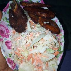 A picture of Coleslaw Salad with Plantain and Meat.