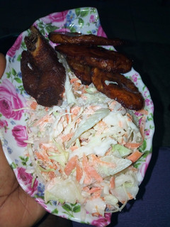 A picture of Coleslaw Salad with Plantain and Meat.