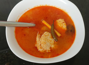 A picture of Tom Yum Gai, Soup with Chicken, its Hot Spicy and Sour.