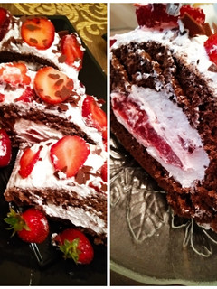 A picture of Chocolate Roll with Whipped Cream and Strawberries.