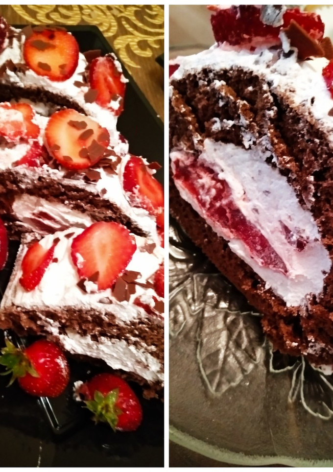 A picture of Chocolate Roll with Whipped Cream and Strawberries.