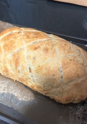 A picture of Beef wellington with handmade puff pastry.