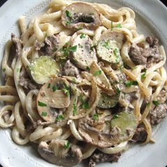 A picture of Beef Stroganoff Udon.