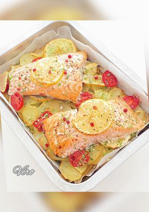 A picture of Baked Salmon on a Bed of Potatoes.