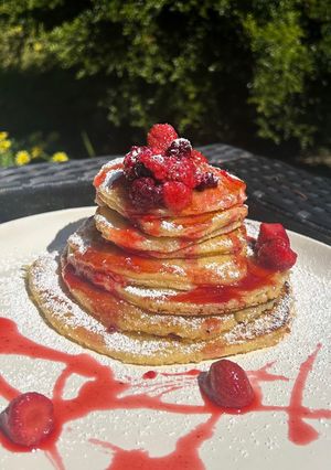 A picture of Fluffy Vanilla Pancakes with Berry Compote.