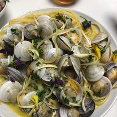 A picture of Clam pasta with garlic & wine.