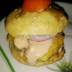 A picture of Burger with homemade yeast free burger buns.