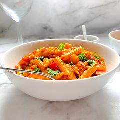 A picture of Sausage and bean pasta.