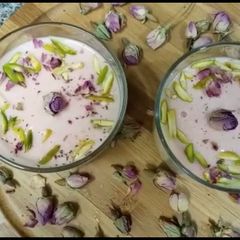 A picture of Rose Mahalabia (Arabian dessert) Milk pudding.