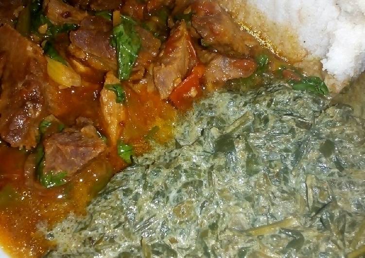 Wet fried beef,kienyeji veges with ugali