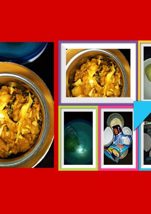 A picture of Yam porridge with dryfish and cabbage.