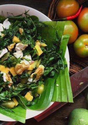 A picture of Ensaladang pako with a bites of salted eggs.