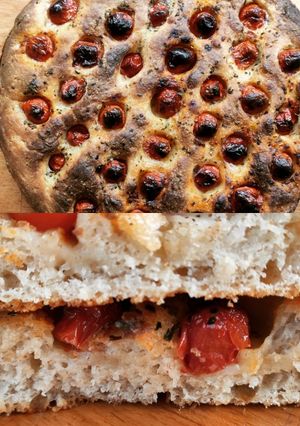 A picture of Focaccia with Cherry Tomatoes and Sourdough Starter.