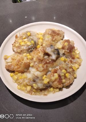 A picture of Fish Fillet with Corn Cream.