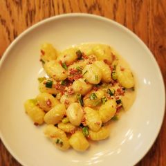Gnocchi (or any other pasta) in cream sauce with bacon bits A picture of Gnocchi (or any other pasta) in cream sauce with bacon bits.