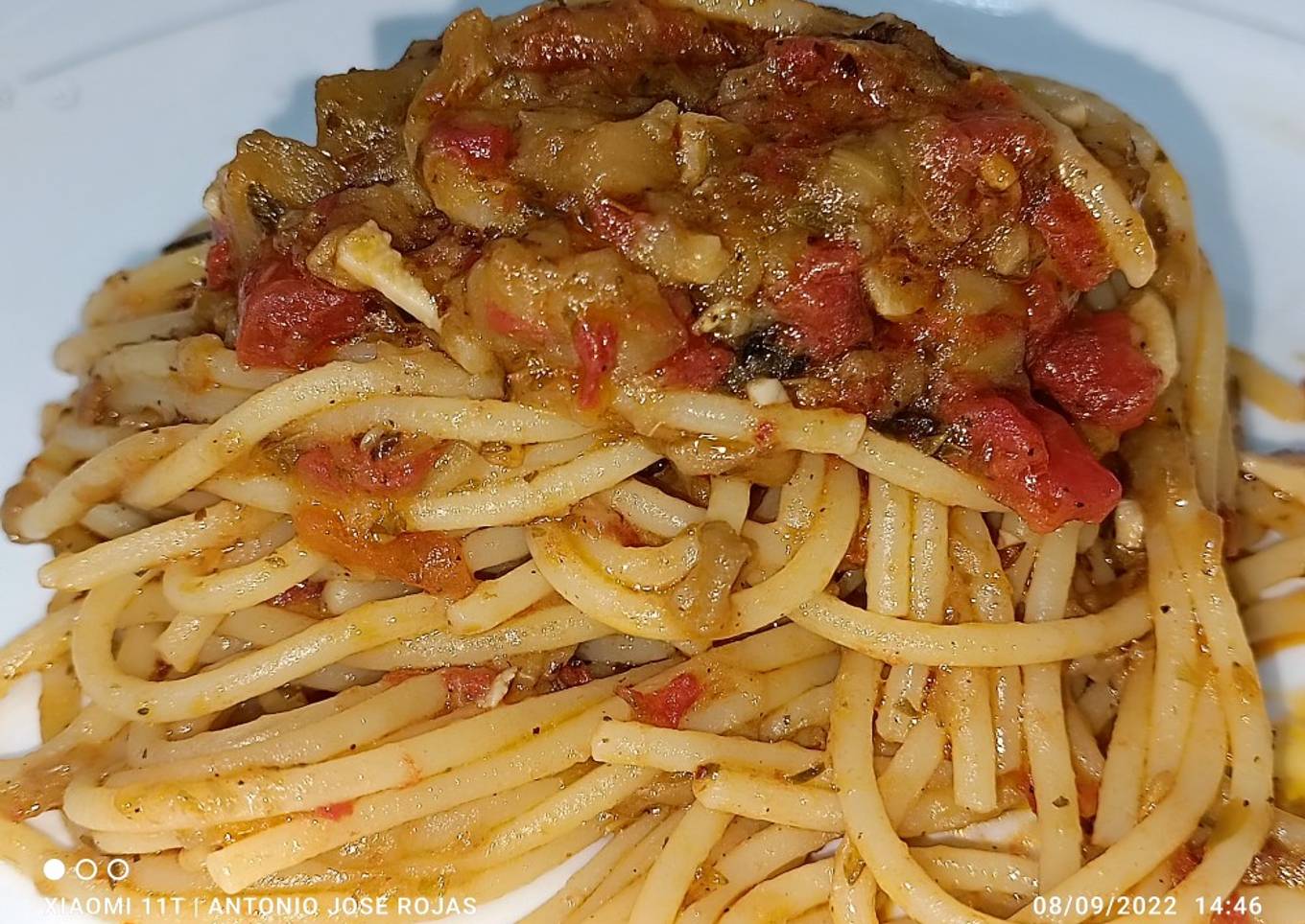 Spaghetti con salsa de berenjena 😋😋😋😋
