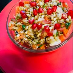 A picture of Sprout Salad with carrots cucumber tomatoes.