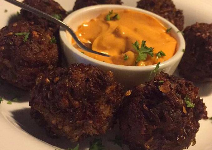 Crispy Lamb Falafels with chilli cheese sauce