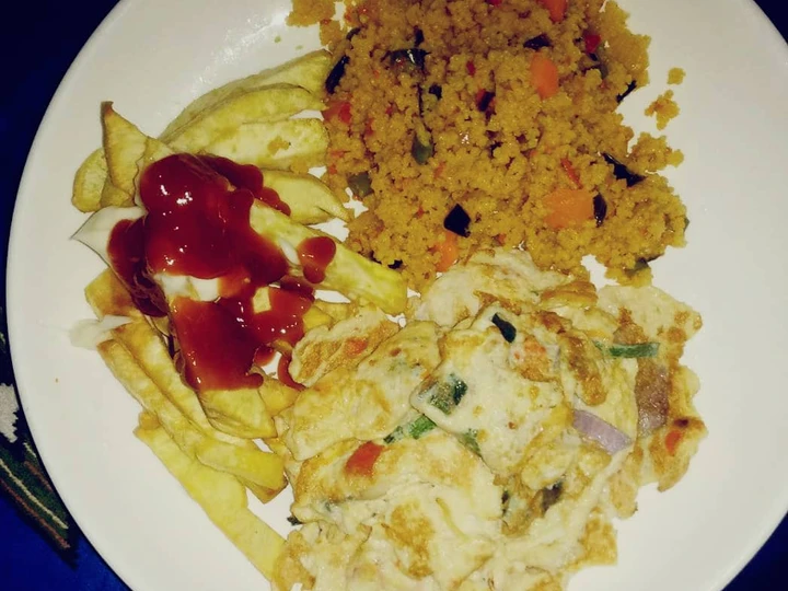 Easy Way Make Couscous with sweet potato chips and fried egg the Delicious Can spoil the tongue