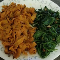 A picture of Simple Side dishes: sweet potato ribbons with garlic spinach.