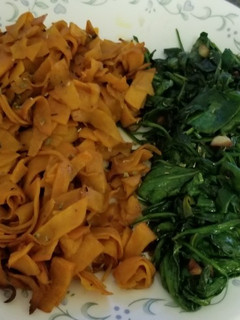 A picture of Simple Side dishes: sweet potato ribbons with garlic spinach.