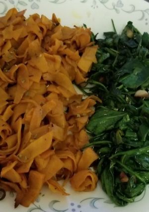 A picture of Simple Side dishes: sweet potato ribbons with garlic spinach.