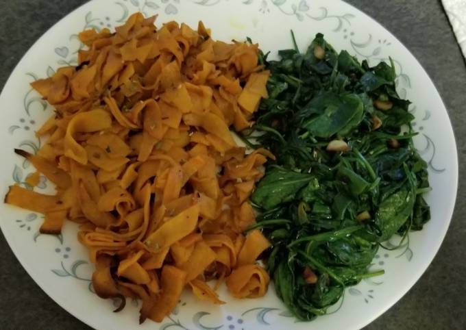 Simple Way to Make Homemade Simple Side dishes: sweet potato ribbons with garlic spinach