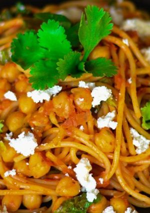 A picture of Spicy Spaghetti With Chickpea, Lettuce & Tomato.