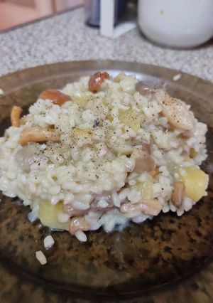 Una foto de Risotto de setas, queso azul y manzana